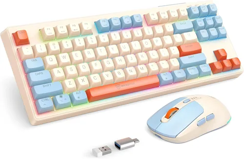 Vista 10 de Combo de teclado y mouse inalámbricos 2.4G, juego de mouse con retroiluminación RGB para Windows, Android y MacOS, teclado estético con dongle USB