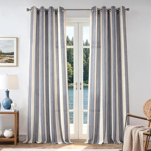 Vista 89 de DriftAway Cortinas de estilo granja con rayas verticales de lino mezclado texturizado con filtro de luz semitransparente para sala de estar