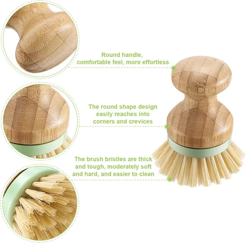 Vista 3 de 4 cepillos de bambú para fregar platos con soportes, de madera, de bambú, redondos, cerdas rígidas, cepillos para lavar platos, ollas, sartenes