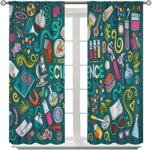 Vista 8 de Cortinas opacas para ventanas de ciencia para niños, lupa de libro de laboratorio de ciencia, lupa, frascos moleculares, cortinas impresas