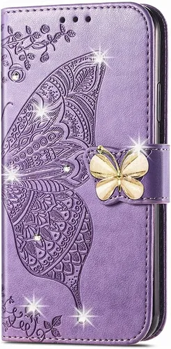 Vista 2 de HZD - Funda tipo cartera para iPhone 15, diseño de mariposa 3D, piel sintética, con función atril, cierre magnético y ranuras para tarjetas