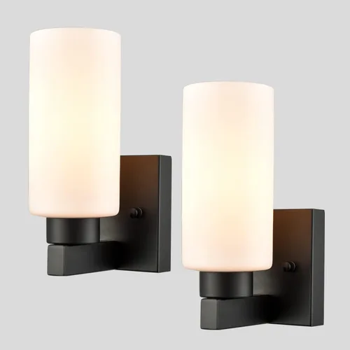 Vista 10 de DEYNITE Conjunto de dos apliques de pared modernos de níquel cepillado para baño con pantalla de vidrio cilíndrico blanco lechoso