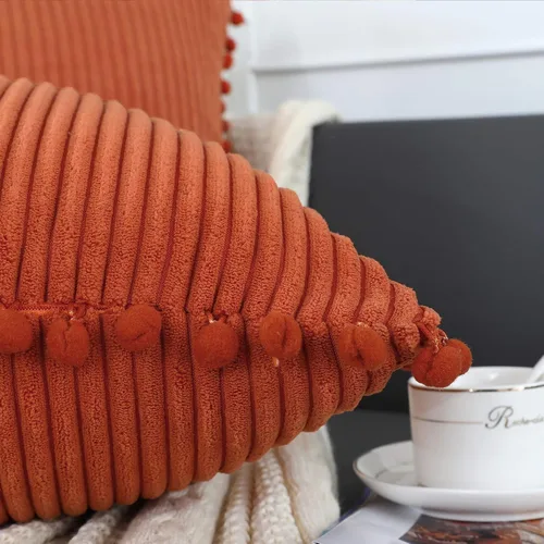 Vista 3 de Juego de 2 fundas de almohada de pana a rayas color naranja quemado