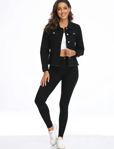 Vista 5 de Dilgul Chaqueta de mezclilla para mujer, casual, de manga larga, lavada, con botones