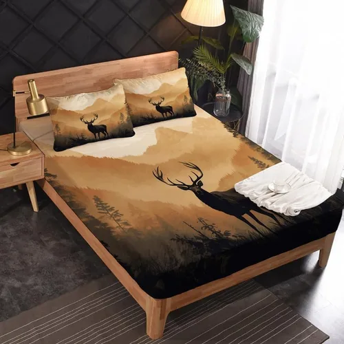 Vista 2 de Juego de sábanas de tamaño individual: sábanas de ciervo, sábanas y fundas de almohada de montaña brumosa, microfibra suave, bolsillo profundo y sin