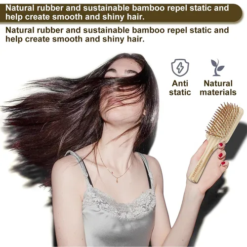Vista 3 de Juego de cepillos de cabello para mujeres y hombres, cerdas de bambú natural, cepillo de paleta plana para cabello húmedo y seco, desenredante