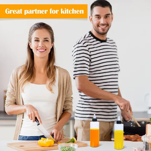 Vista 6 de Honeydak 30 botellas de plástico Boston de 8.5 onzas para salsa, dispensador de condimentos vacío con tapa giratoria y 2 embudos, ideal para salsa