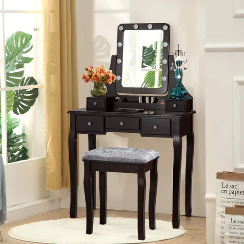 Vista 2 de DORTALA Juego de mesa de tocador con espejo rectangular de 360 grados y taburete acolchado, mesa de maquillaje con 10 bombillas LED regulables