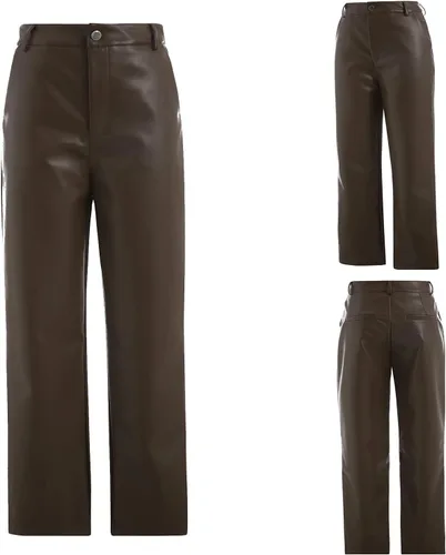Vista 4 de Pantalones de piel sintética para mujer, cintura alta, pierna recta, pantalones holgados, estilo vintage de los años 90
