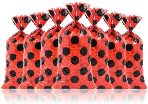 Vista 4 de Lecpeting 100 bolsas de golosinas de mariquita, bolsas de dulces de celofán con lunares rojos y negros, regalos de fiesta de mariquita con lazos