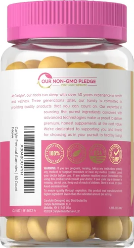 Vista 3 de Carlyle Gomitas prenatales con DHA y ácido fólico, 60 gomitas Suplemento multivitamínico y mineral para mujeres Sabor a fruta Sin OMG, sin