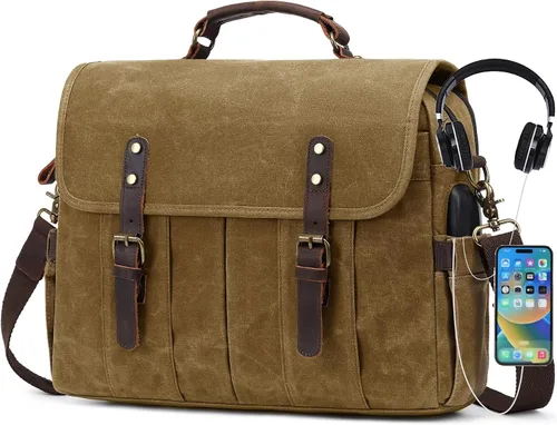 Vista 8 de NerIion Bolsa de mensajero para hombres de 15.6 pulgadas de lona vintage maletín de cuero genuino para hombres bolsa de computadora portátil bolsa