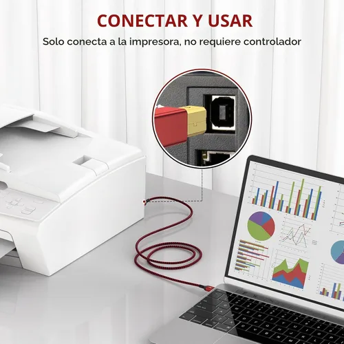 Vista 5 de Cable de impresora de 6 pies, USB A a B 2.0, cable de impresora USB trenzado de nailon de alta velocidad, cable MIDI USB compatible con HP, Epson