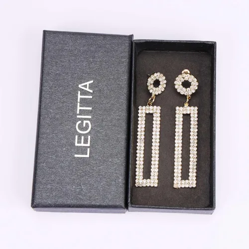 Vista 4 de Pendientes largos de diamantes de imitación, rectángulo con tachuelas circulares, joyería de moda
