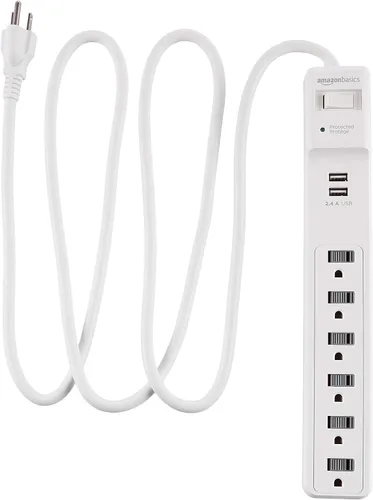 Vista 8 de Amazon Basics Regleta de protección contra sobretensiones con 6 tomas, 2 puertos USB, 1000 julios, cable de 6 pies de longitud, color negro