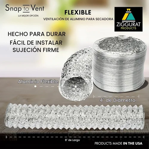 Vista 2 de Manguera de ventilación de secadora de 4 pulgadas – Manguera de aluminio para secadora de 4 pulgadas de diámetro x 8 pies de largo – Manguera