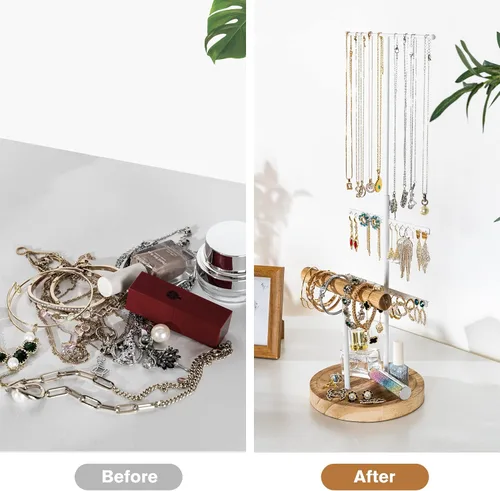 Vista 6 de Becko - Soporte de joyería de 4 niveles, organizador de platos para aretes, soporte para árbol de joyería, con bandeja para anillos de paulownia