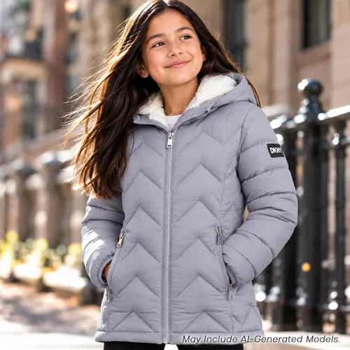 Vista 2 de DKNY Chaqueta acolchada para niñas - Chaqueta acolchada de sherpa completa forrada con escudo glaciar de longitud media para niños con aislamiento