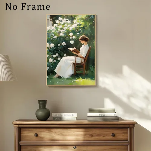 Vista 2 de Póster vintage de mujer en lienzo de lectura para mujer, retrato de mujer, arte de pared victoriano, pintura de dama antigua, póster de jardín