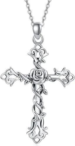 Vista 7 de Collar de cruz de plata de ley 925 con colgante de cruz rosa para mujer (collar de cruz de rosa A)