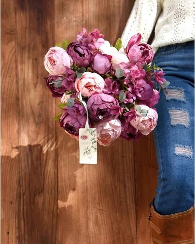 Vista 3 de FiveSeasonStuff - Peonías y hortensias artificiales de seda, ideal para decoración de bodas, novias, hogar, decoración de centro de mesa (2 ramos).