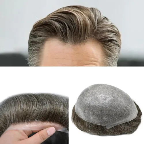 Vista 36 de Tupé de piel ultra fina para hombres pieza de cabello humano real sistema de reemplazo 0.002 in Mens Toupee Hairpiece para hombres V-Loop 8x10 80%