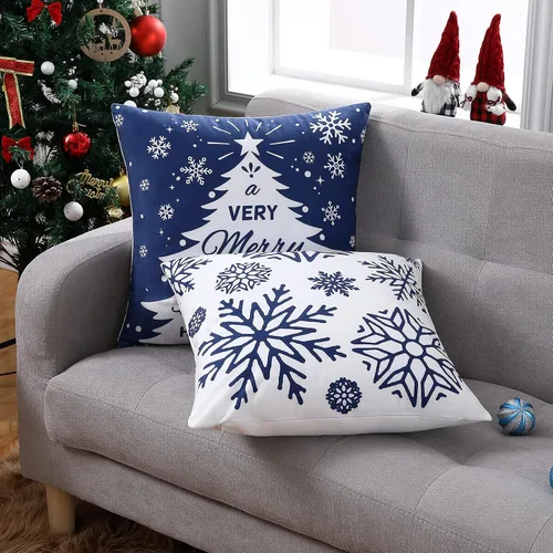 Vista 5 de Juego de 4 fundas de almohada de Navidad de 18 x 18 pulgadas, fundas de almohada de Navidad azul marino, copos de nieve, fundas de almohada de Feliz