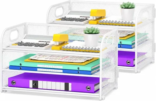 Vista 8 de Cawukege Organizador de papel de 3 niveles con asa, organizador de escritorio de metal, bandeja de cartas de papel de malla, carpeta de archivos
