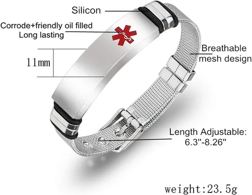 Vista 2 de Pulsera de concientización de enfermedades de alerta médica de acero inoxidable con grabado personalizado gratuito para mujeres y hombres, pulsera