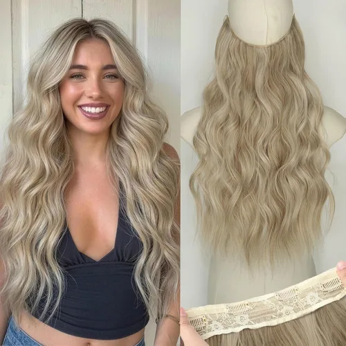 Vista 14 de Extensiones de cabello con hilo invisible, diadema transparente, ajustables, 4 clips fijadores, cabello largo y ondulado de 12 pulgadas, balayage