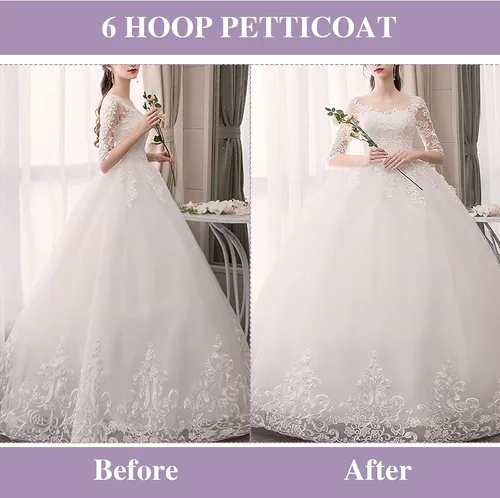 Vista 5 de Enagua para mujer, falda de 6 aro, longitud hasta el suelo, enagua de crinolina para vestido de baile, vestido de boda, quinceañera