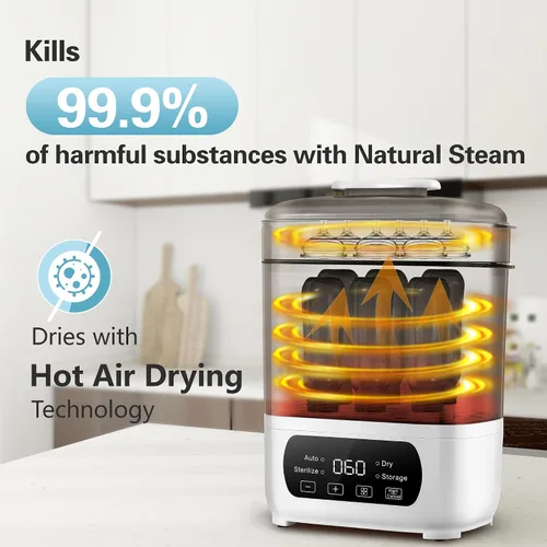 Vista 3 de AMZBABYCHEF Vaporizador y secadora de biberones 4 en 1, vaporizador eléctrico con secado rápido, ajuste universal para todas las botellas, pantalla