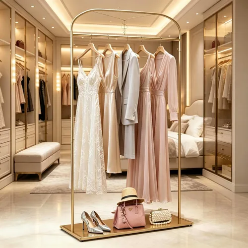 Vista 4 de 91" estante alto de la ropa del oro con los estantes, estante largo del vestido de la ejecución Estantes de ropa nupcial, organizador para tienda
