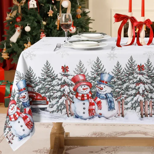 Vista 7 de Softalker Mantel Navideño Rectangular 60x102 Pulgadas, Mantel Rojo de Mesa de Invierno Navidad Muñeco de Nieve Camión, Cubierta de Mesa