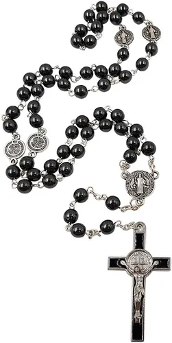 Vista 8 de TALISMAN4U Collar con rosario católico, cuentas de hematita negra, medalla de San Benito y caja de regalo de cruz, Hematita