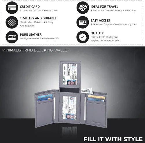 Vista 5 de Billetera triple de cuero real para hombre, billetera RFID delgada, 9 tarjetas de crédito, 2 compartimentos de identificación, regalo para hombres