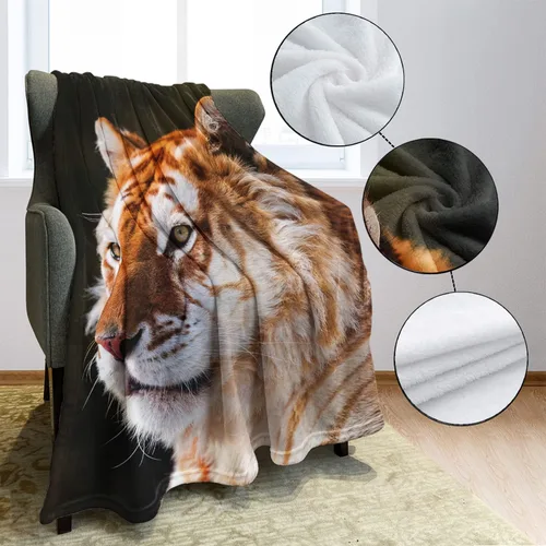 Vista 4 de HommomH Manta de retrato de tigre, 60 x 80 pulgadas, diseño de fotografía de animales salvajes, manta decorativa de forro polar suave y acogedora