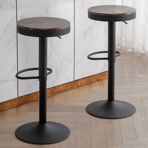 Vista 20 de Kidol & Shellder Juego de 2 taburetes de bar negros ajustables giratorios sin espalda, modernos y redondos de madera, sillas de barra de altura sin
