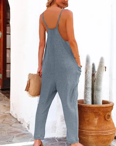 Vista 3 de Febriajuce Womens Summer Sleeveless Loose Jumpsuits Casual V Neck Spaghetti Strap Long Pants Baggy Overalls with Pockets