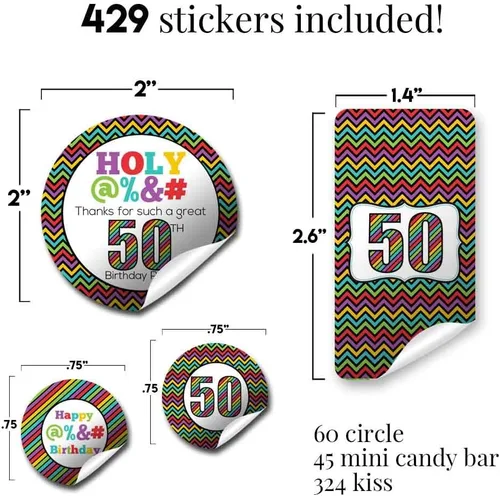 Vista 3 de HOLY - Kit de calcomanías para fiesta de cumpleaños número 50, 429 piezas. Incluye 60 calcomanías circulares de 2 pulgadas, 45 mini envoltorios