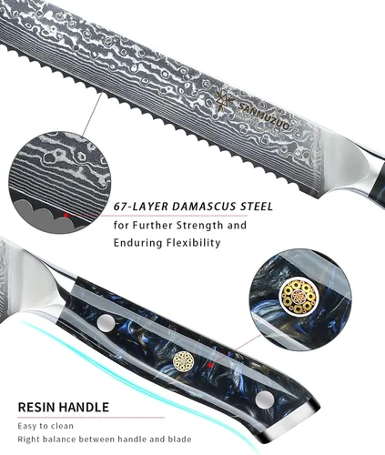 Vista 3 de Cuchillo de chef de cocina dentado de 8 pulgadas, mango de acero y resina de Damasco - Serie Xuan (negro estrellado)