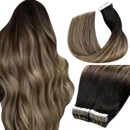 Vista 28 de LaaVoo Extensiones adhesivas de cabello humano real, color negro azabache, extensiones de cabello humano liso y sedoso, 10 pulgadas, 20