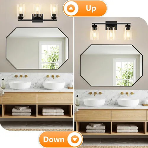 Vista 3 de Lámpara de baño de 3 luces de 19 pulgadas, moderna lámpara de tocador negra, accesorios de iluminación de baño sobre espejo, lámpara de aplique