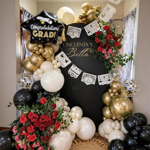 Vista 7 de Globos negros y dorados de graduación con globos de aluminio de graduación, globos metálicos de color negro, blanco, arena, beige, dorado