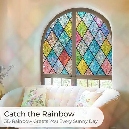 Vista 5 de Lámina de privacidad para ventana Windimiley con diseño de vidrio manchado: adhesivo estático decorativo floral 3D arcoíris con control de calor