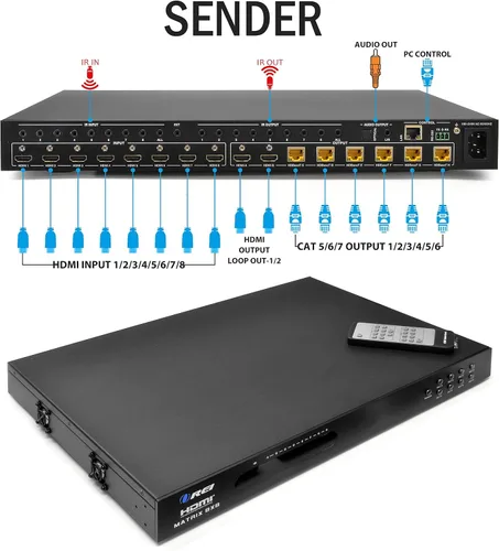 Vista 4 de OREI Extensor de conmutador de matriz HDMI 4K HDBaseT sobre Cat6/7 individual con paquete de 8 cables HDMI - Soporta HDR, CEC e IR control de hasta