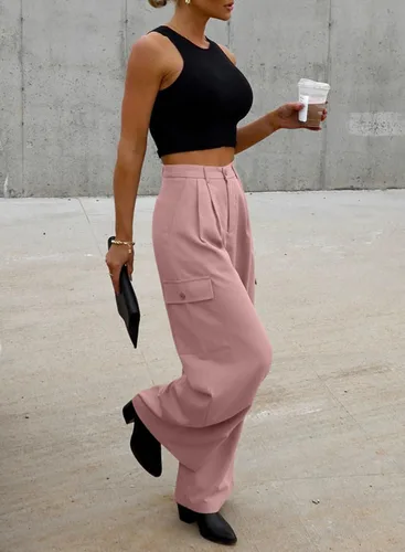 Vista 5 de Dokotoo Pantalones cargo de cintura alta y pierna ancha para mujer, holgados, informales, modernos, con 4 bolsillos