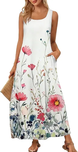 Vista 46 de Vestidos de iglesia para mujer 2025, casual, holgado, sin mangas, largo, fluido, vestido de verano con bolsillos