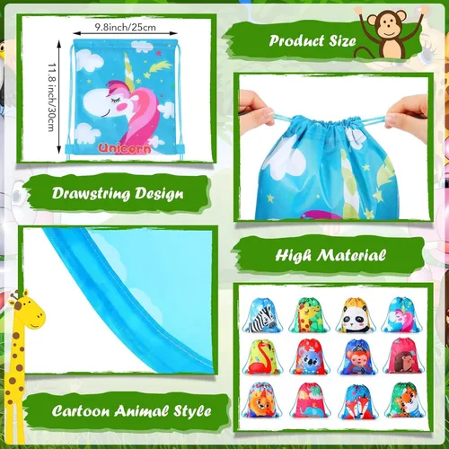 Vista 2 de Shappy Paquete de 12 bolsas de recuerdos de fiesta de animales de dibujos animados, bolsa de regalo de animales de safari, mochila con cordón