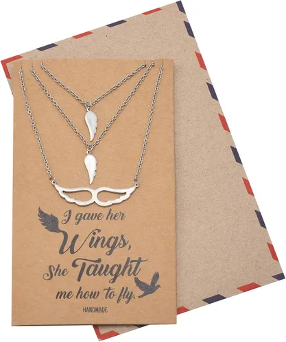 Vista 5 de quan jewelry Collar de ala de ángel, juego de 3 collares con dije, regalos para madre, hija, hermana con tarjeta de cita inspiradora, hecho a mano